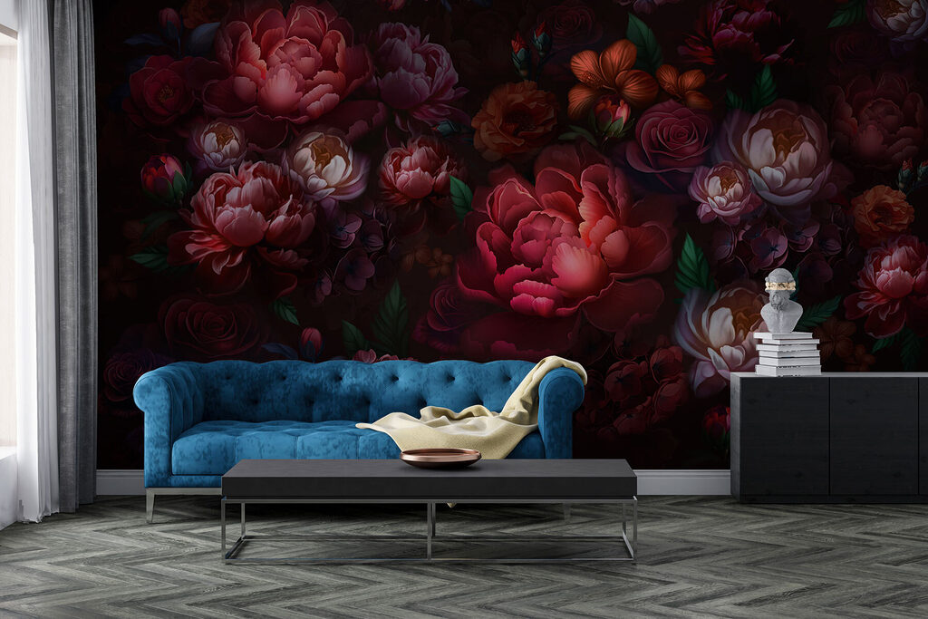 Donkerrode bloemen als nachtpatroon — interieur 3