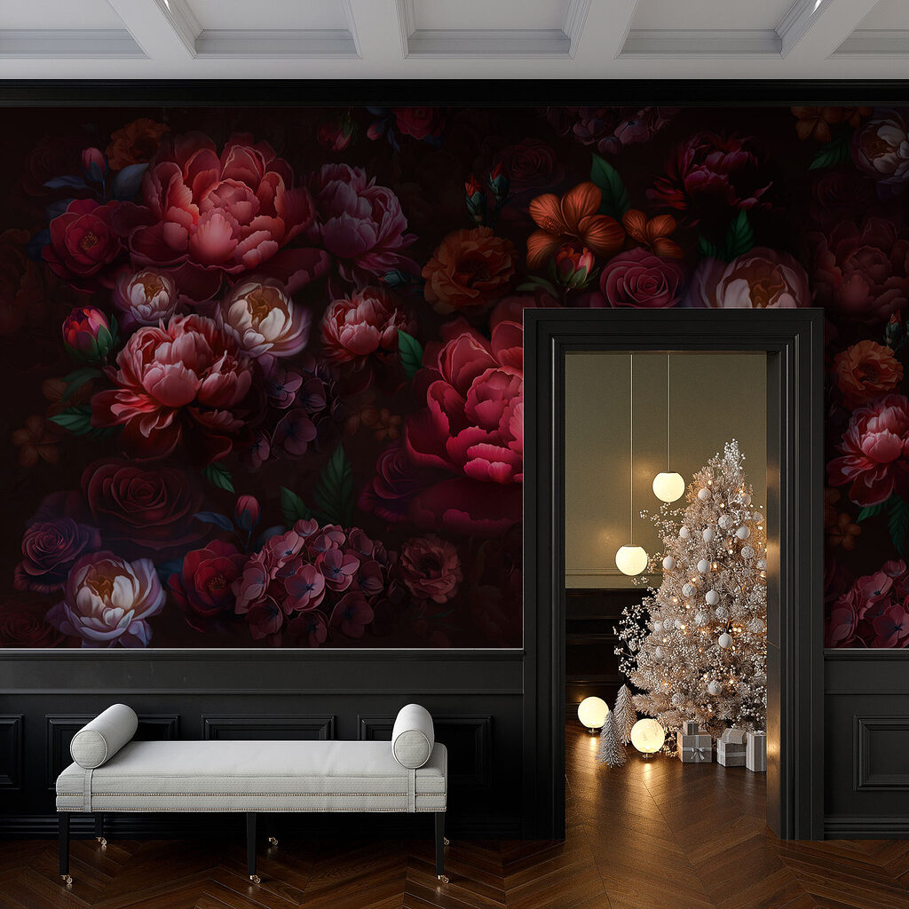 Donkerrode bloemen als nachtpatroon — interieur 4