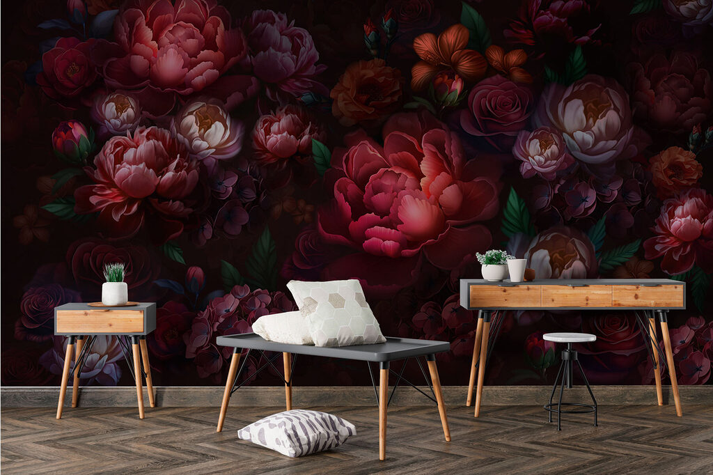 Donkerrode bloemen als nachtpatroon — interieur 5
