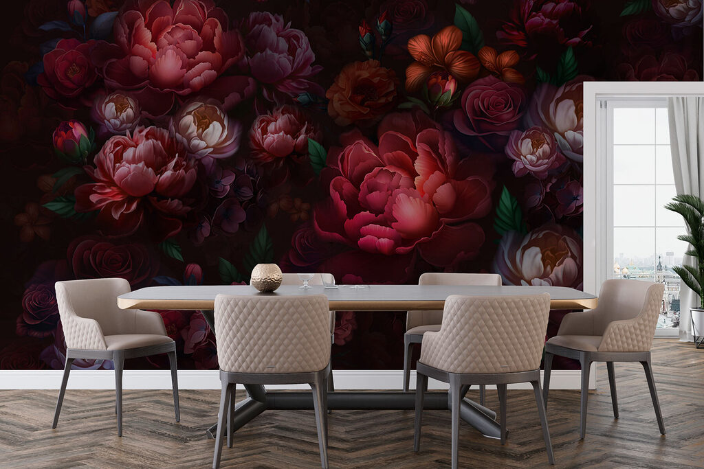 Donkerrode bloemen als nachtpatroon — interieur 7