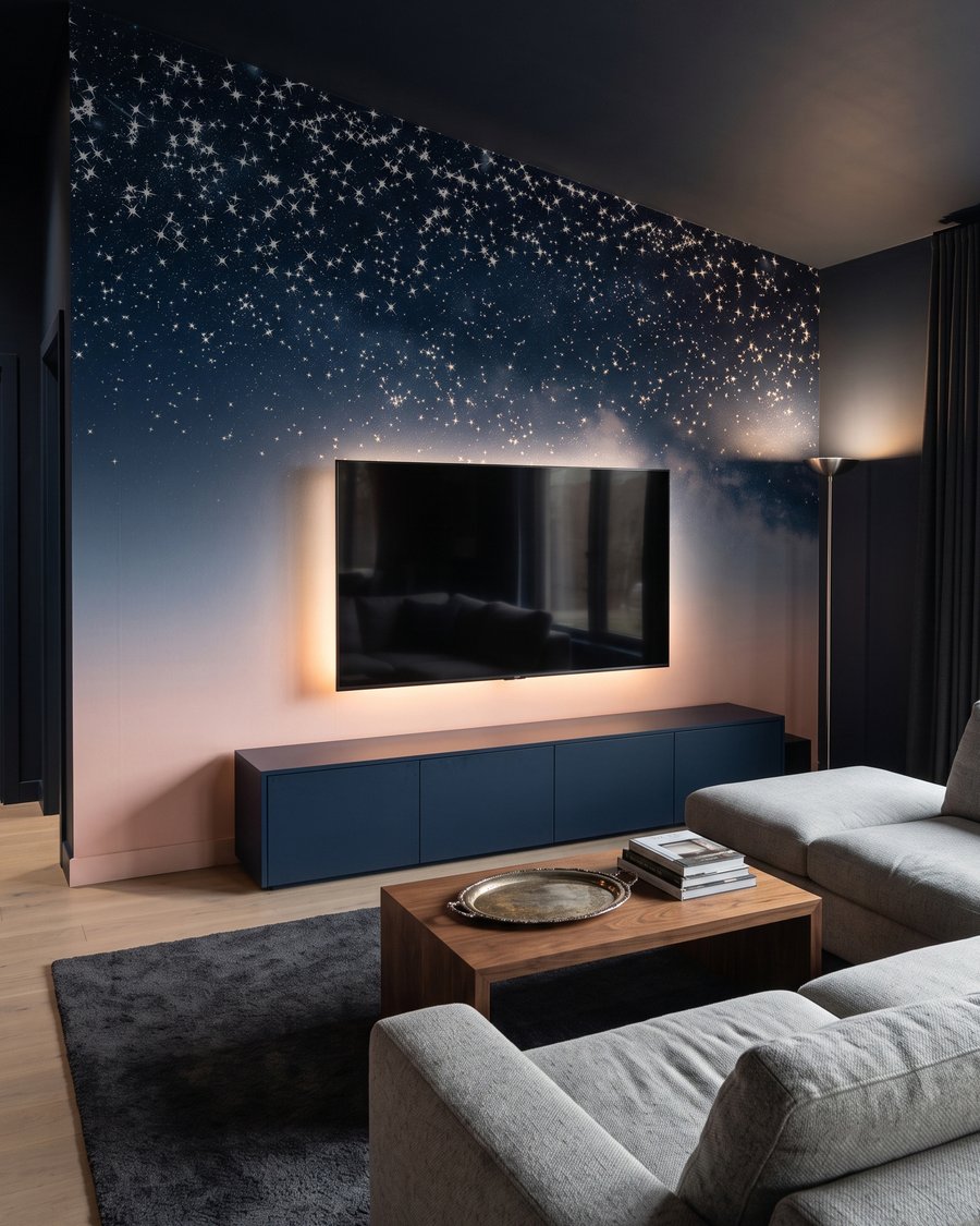 Sterrenregen boven zacht horizonlicht in een interieur