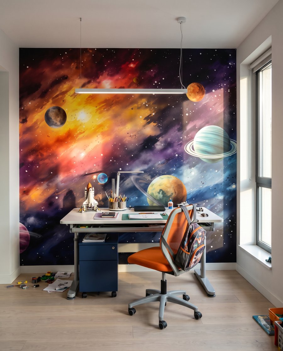 Planeten in een vuurwolk in een interieur