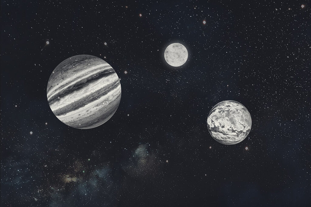 Planeten in verweerd zwartwit — volledig ontwerp