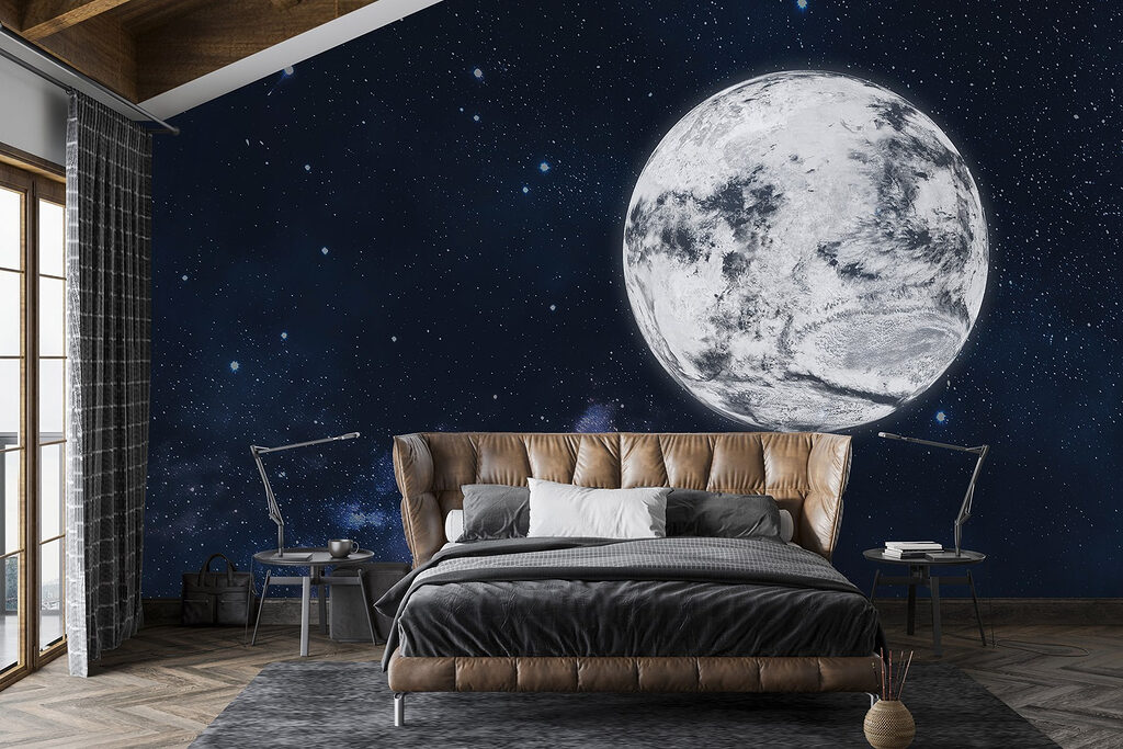 Maan in de ruimte met sterren in een interieur