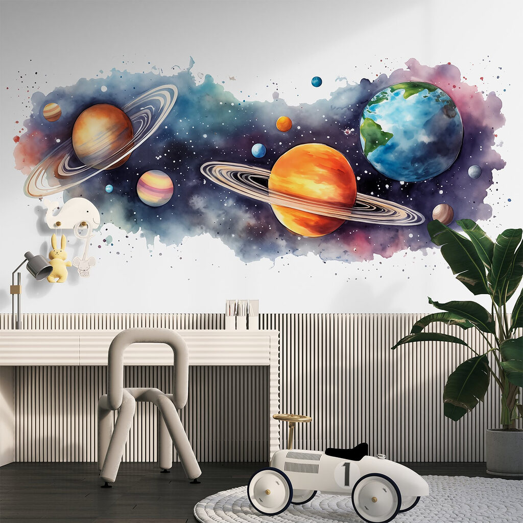 Planeten en sterren in de ruimte in een interieur