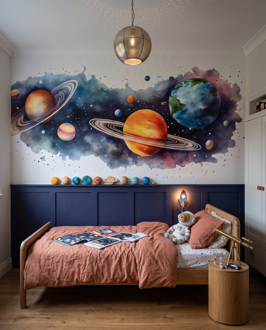 Planeten op een verfspat in een interieur