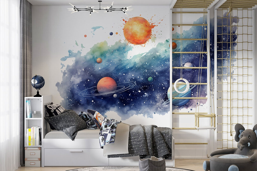 Planeten aan de hemel met planeten in een interieur