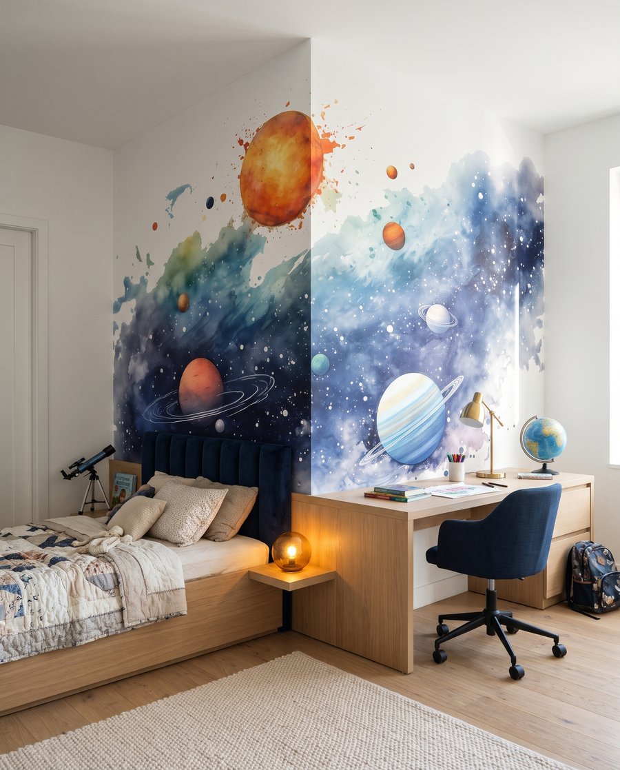 Zon boven geschilderde sterren in een interieur