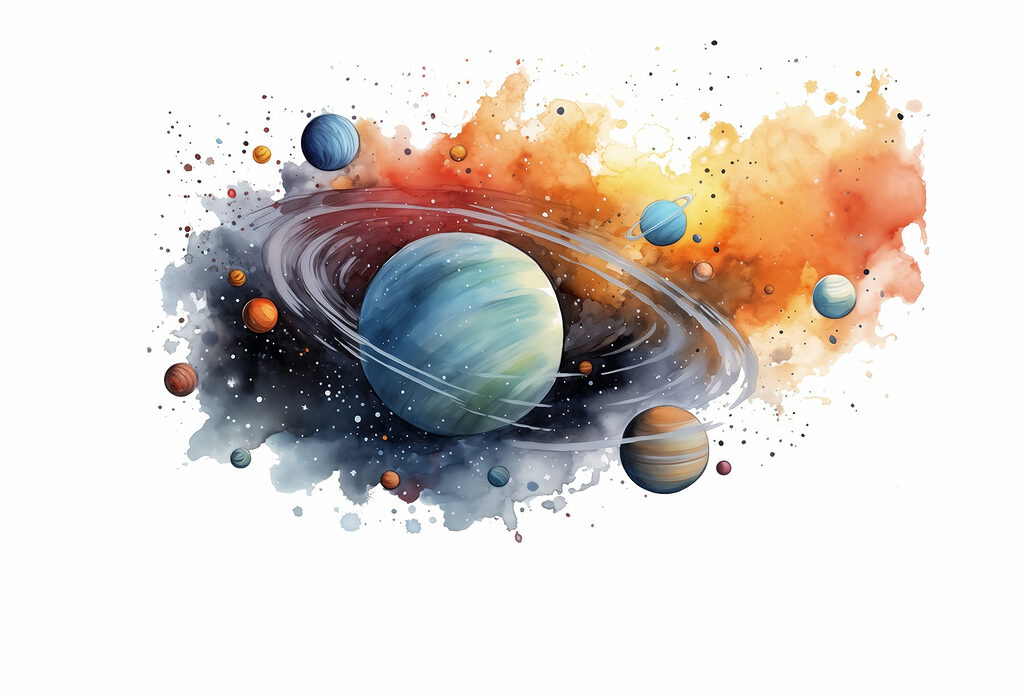 Ringenplaneet tussen kleurrijke verfspatten — volledig ontwerp