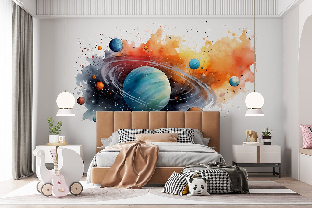 Ringenplaneet tussen kleurrijke verfspatten — interieur 1