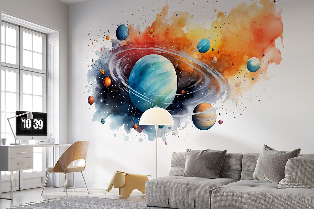 Ringenplaneet tussen kleurrijke verfspatten — interieur 2