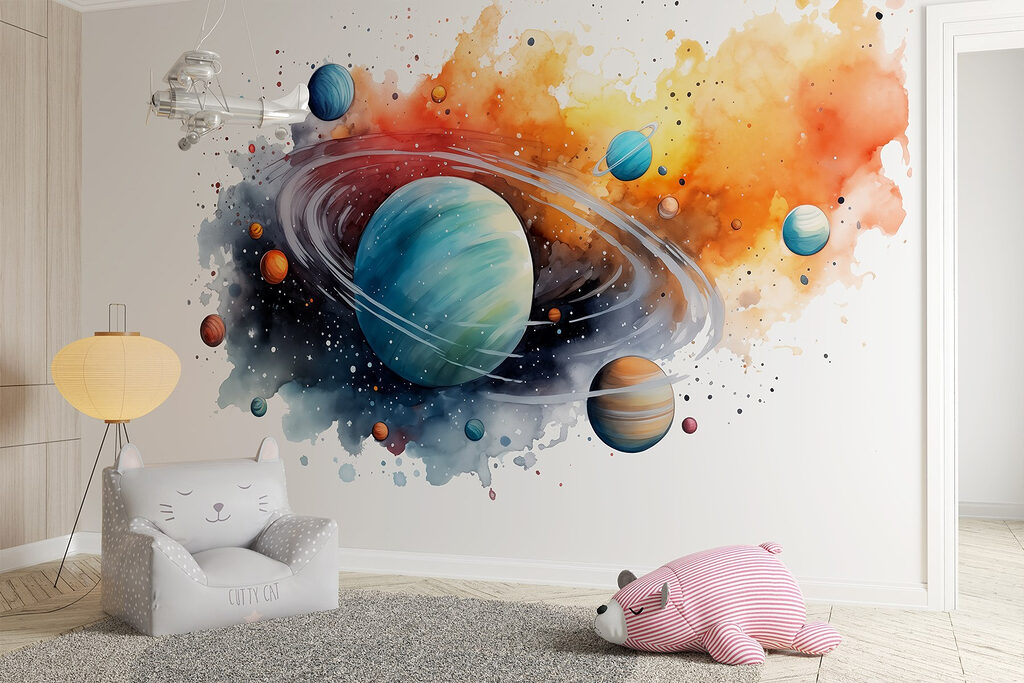Ringenplaneet tussen kleurrijke verfspatten — interieur 3