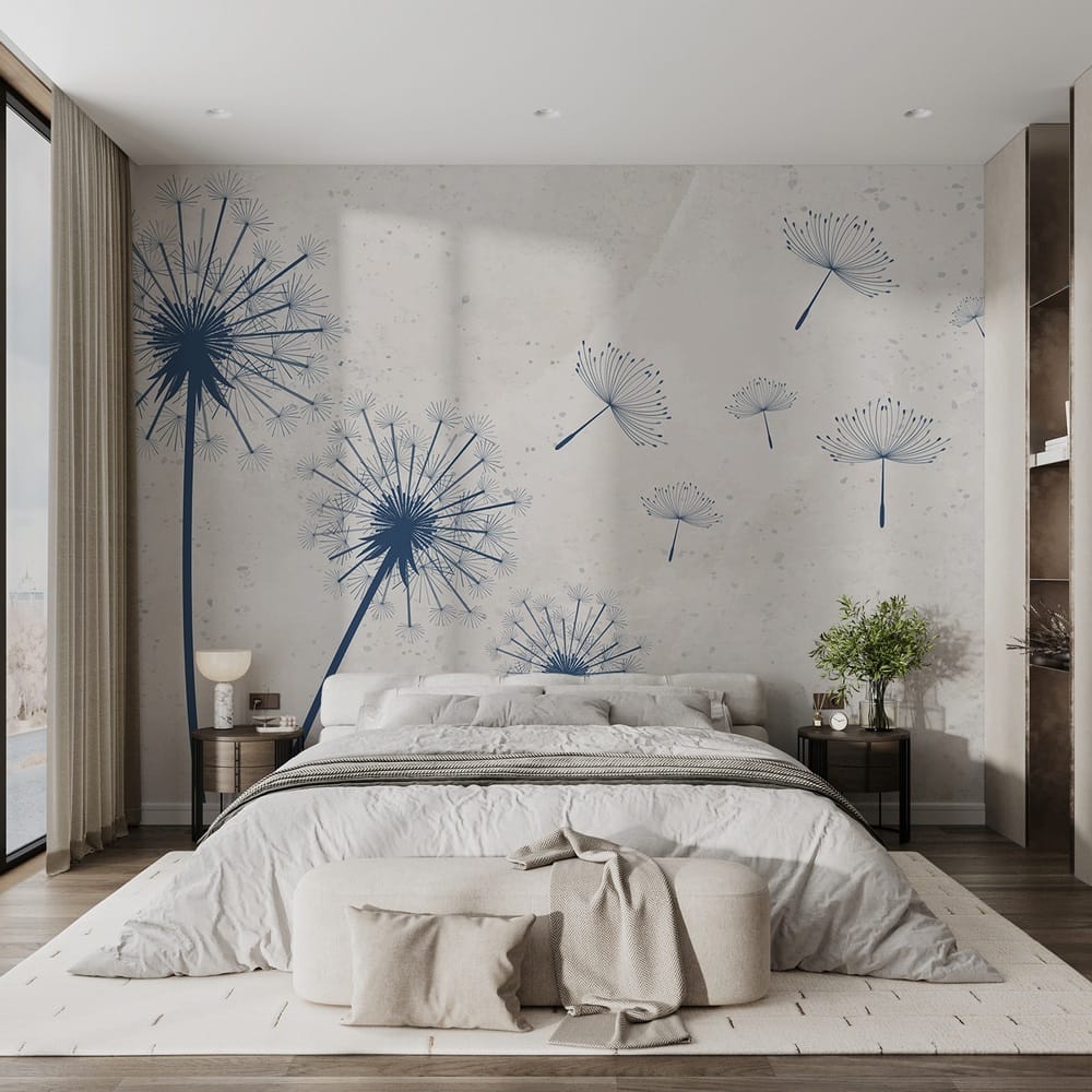 Groep paardenbloemen vliegend in de lucht in een interieur