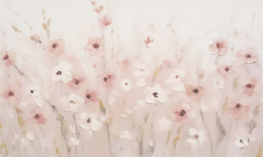Roze bloemenweide in verfnevel — volledig ontwerp