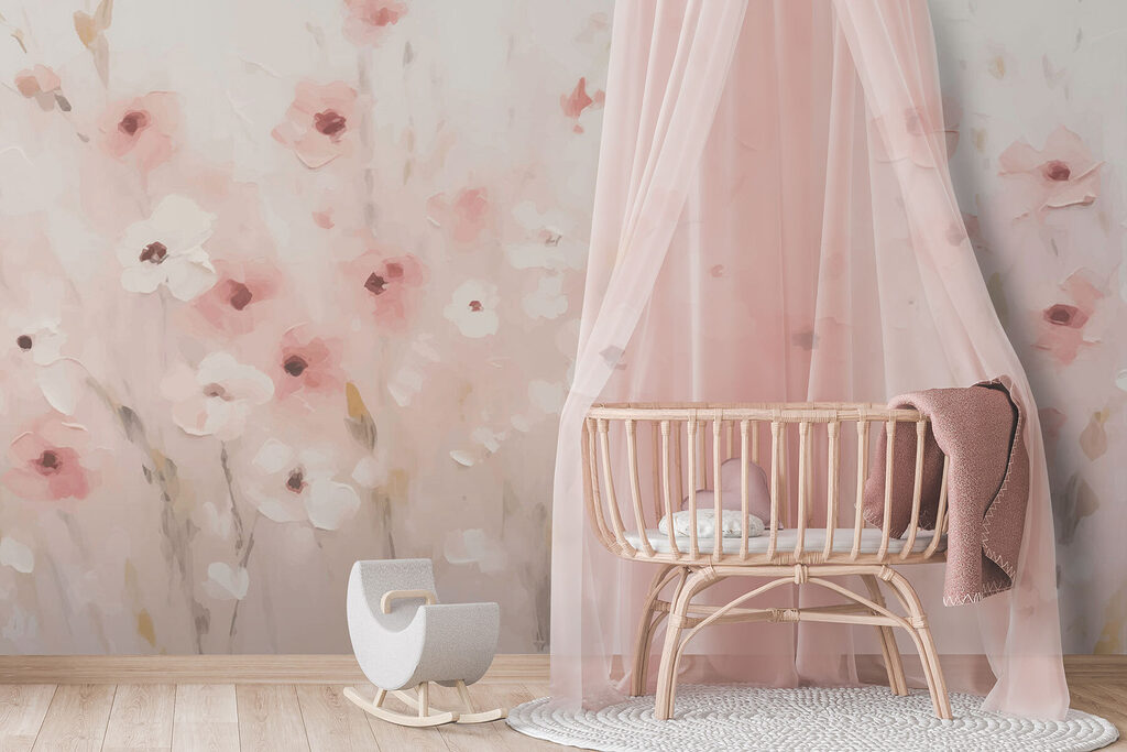 Roze bloemenweide in verfnevel — interieur 1