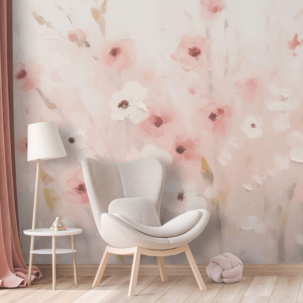 Roze bloemenweide in verfnevel — interieur 2