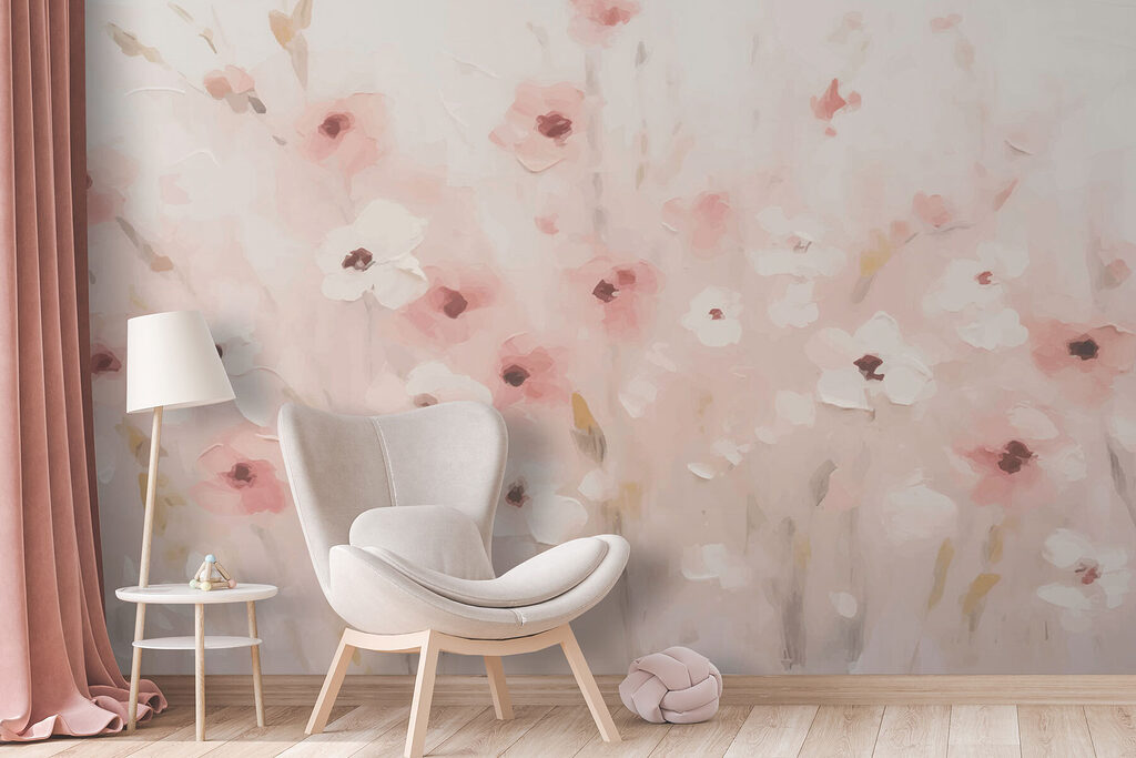 Roze bloemenweide in verfnevel — interieur 3