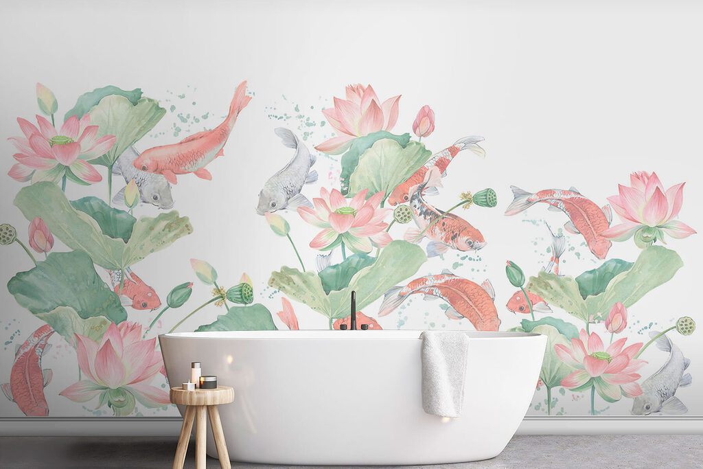 Aquarel van vissen en bloemen in een interieur