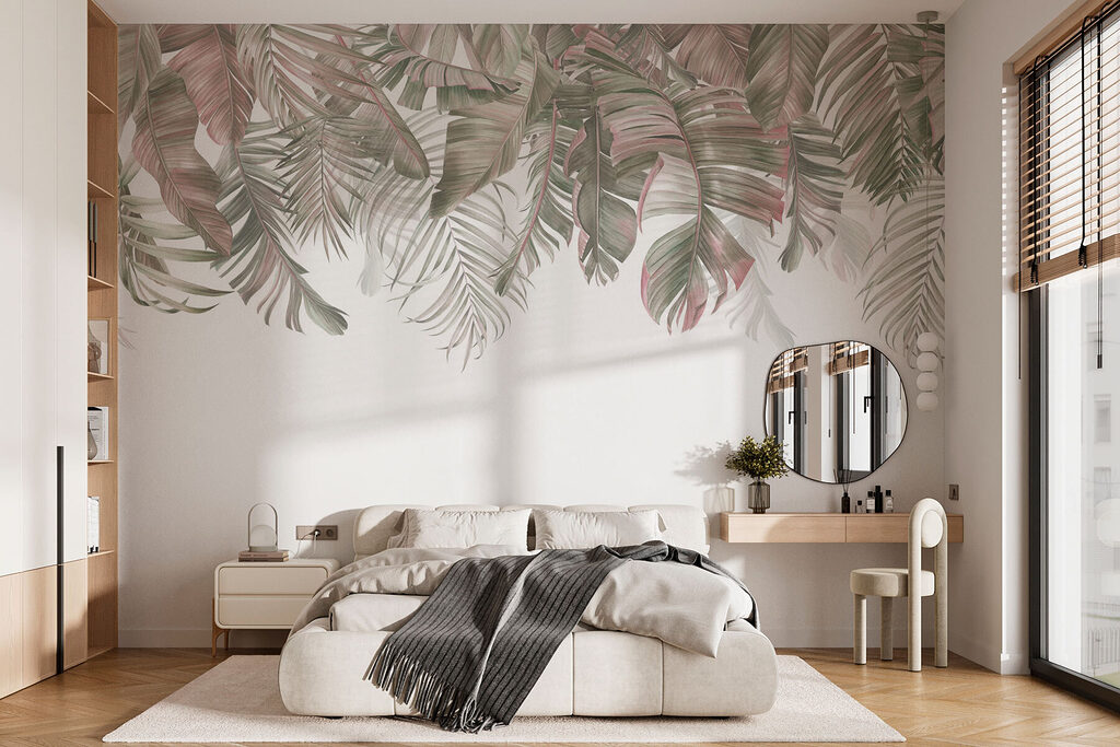 Tropisch blad in zachte pasteltinten in een interieur