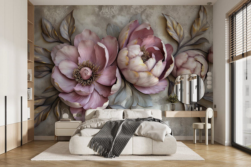 Pioenrozen in lila reliëftinten — interieur 1