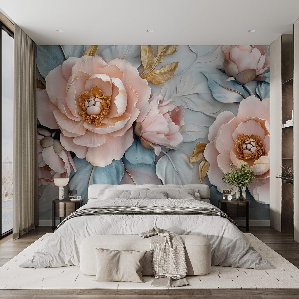 Roze bloemen tussen ijsblauw — interieur 1