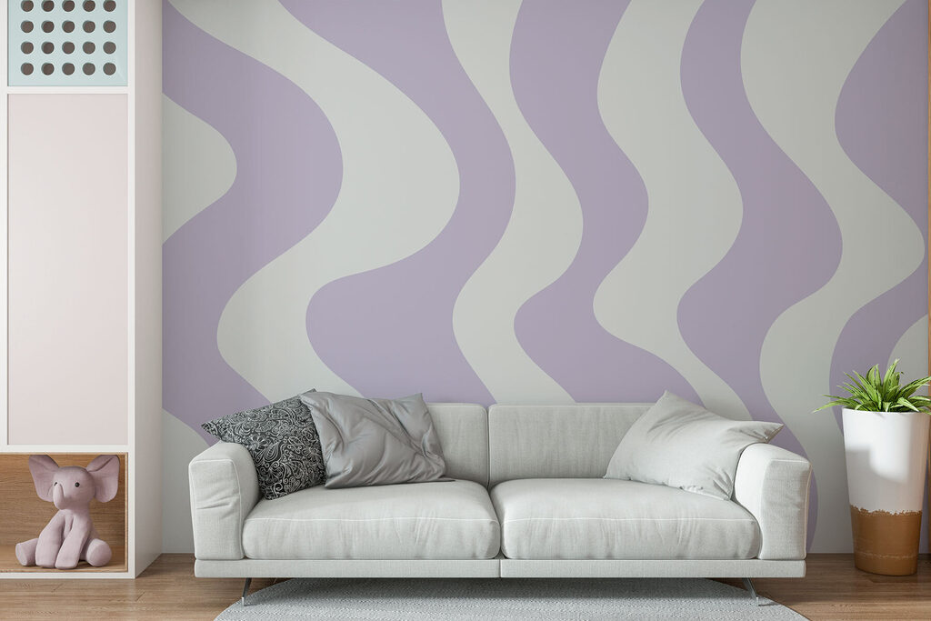 Paarse en witte golvende lijnen in een interieur