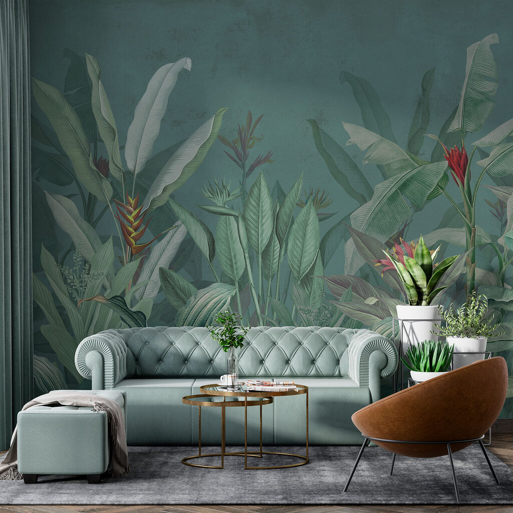 Tropisch gebladerte in levendige kleuren in een interieur