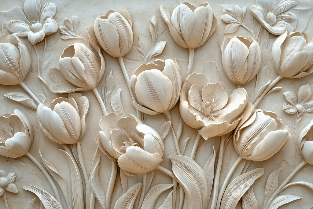 Roomwitte tulpen in reliëf — volledig ontwerp