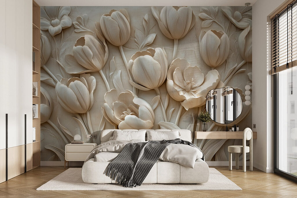 Roomwitte tulpen in reliëf — interieur 1