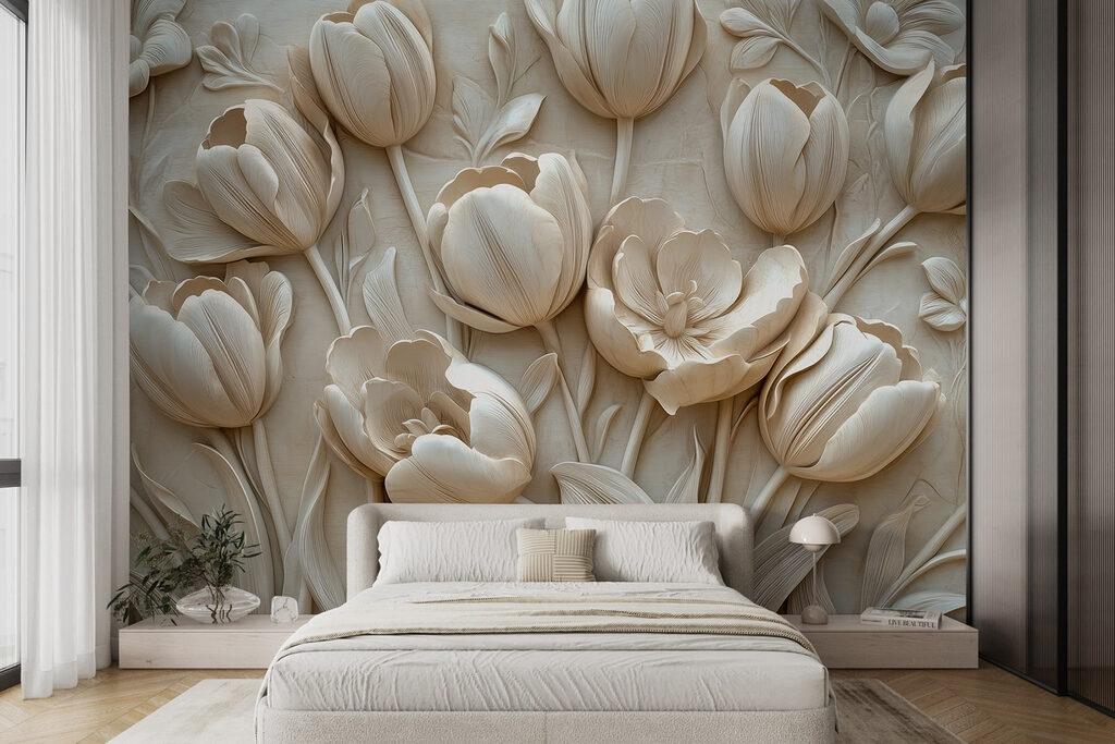Roomwitte tulpen in reliëf — interieur 2