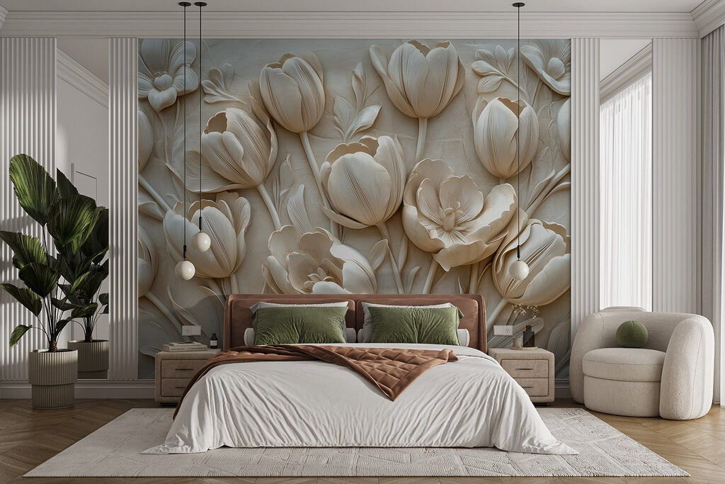 Roomwitte tulpen in reliëf — interieur 3