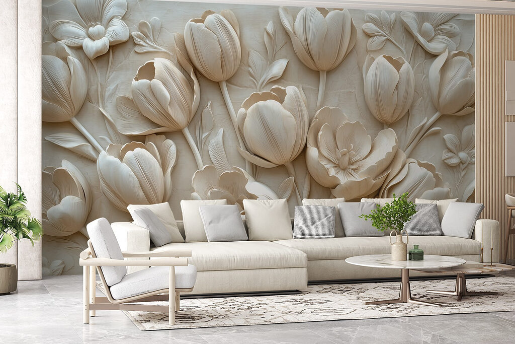 Roomwitte tulpen in reliëf — interieur 5