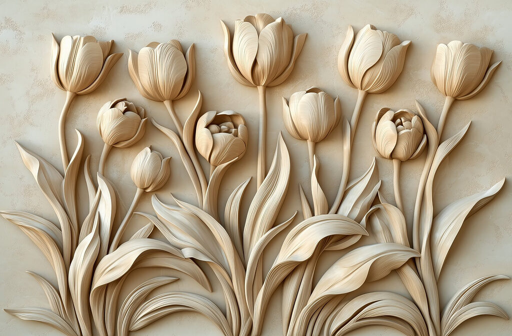 Tulpen boven zwierige bladstelen — volledig ontwerp