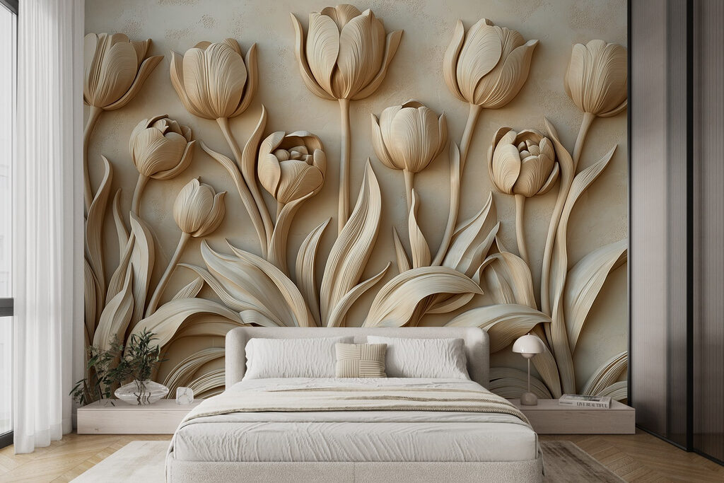 Tulpen boven zwierige bladstelen — interieur 1