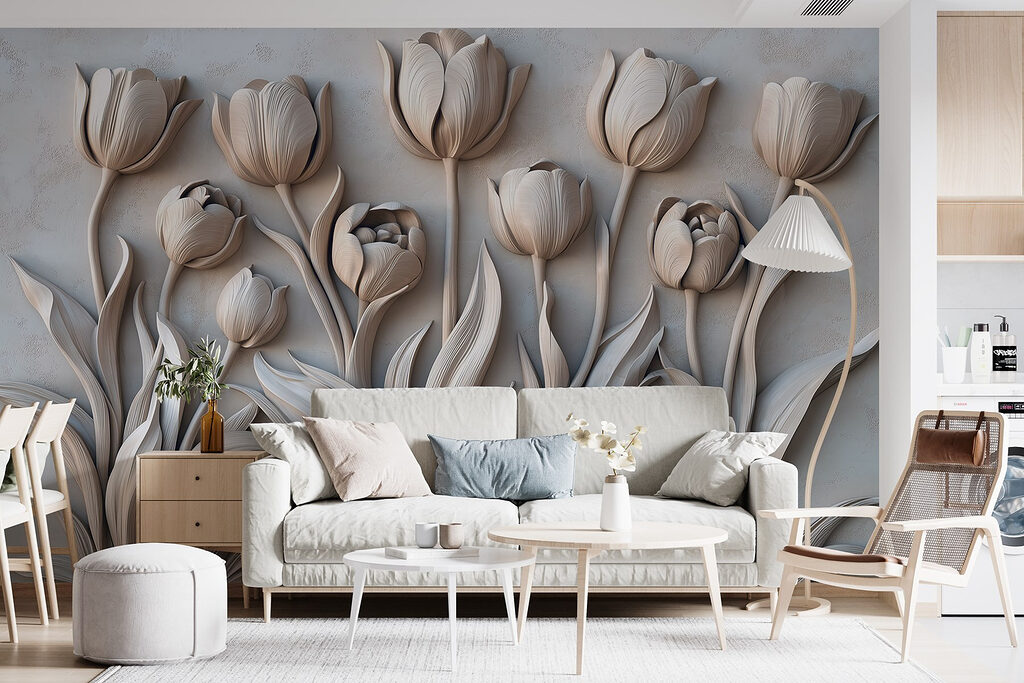 Elegant bloemmotief in neutrale tinten — interieur 1