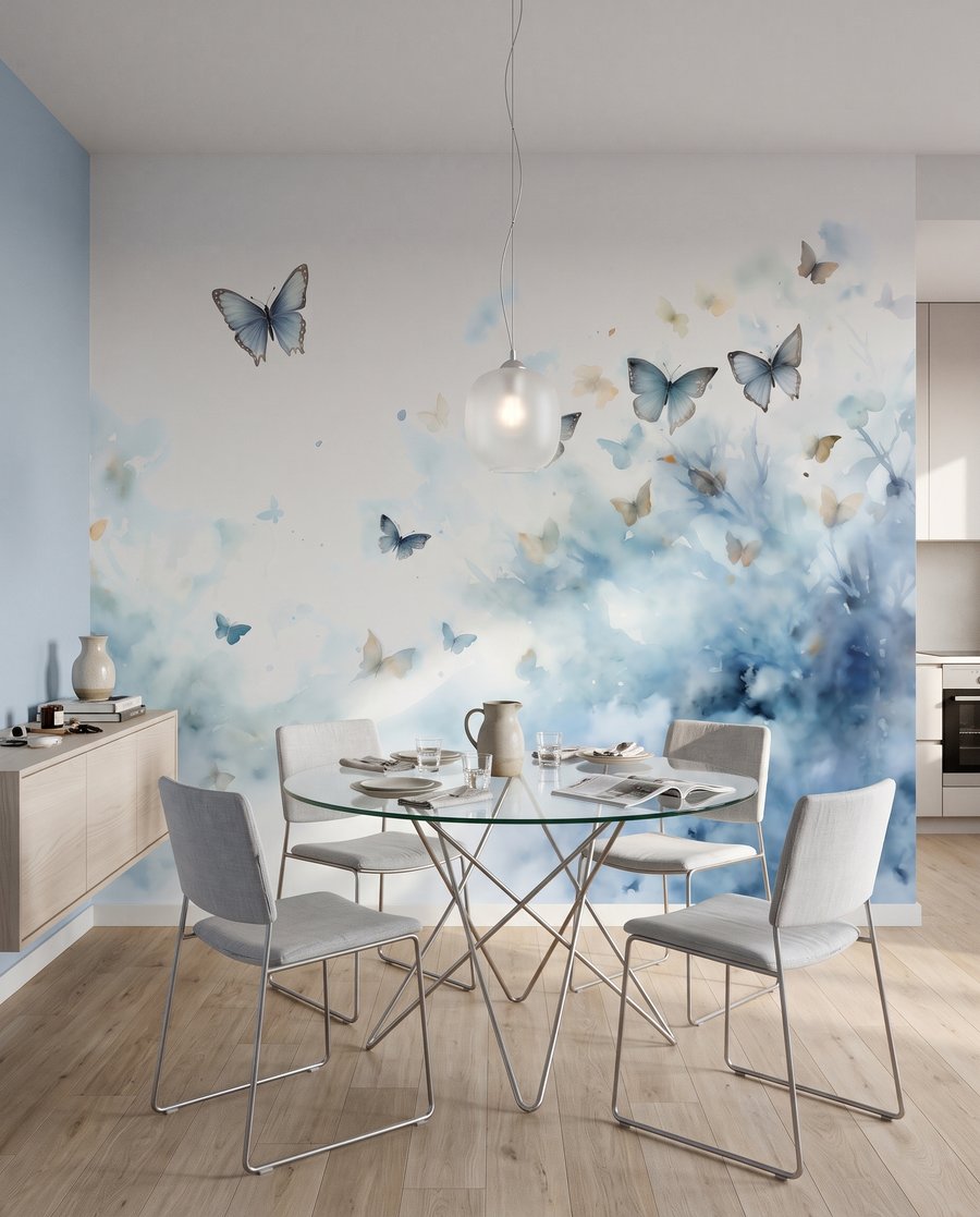 Vlinders in blauwe wolken in een interieur