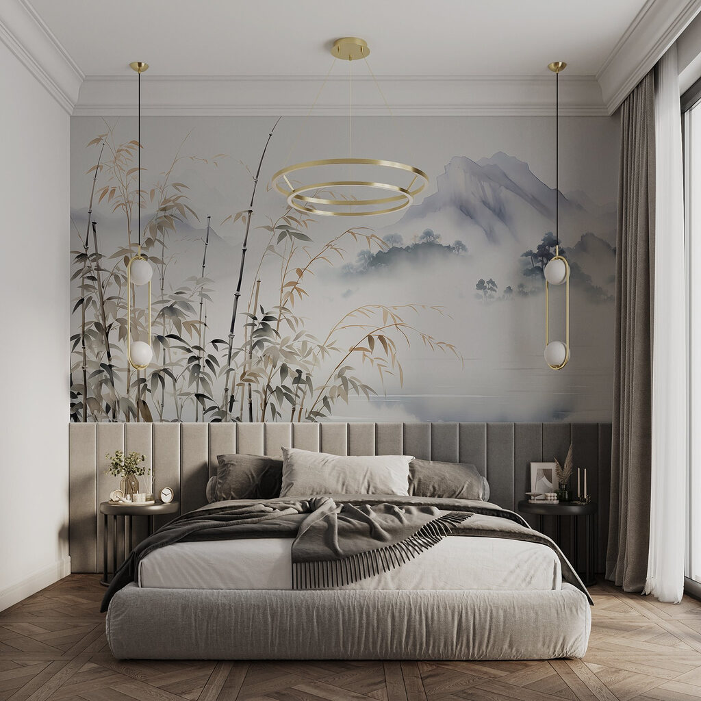 Bamboebladeren voor blauwe bergpieken — interieur 1