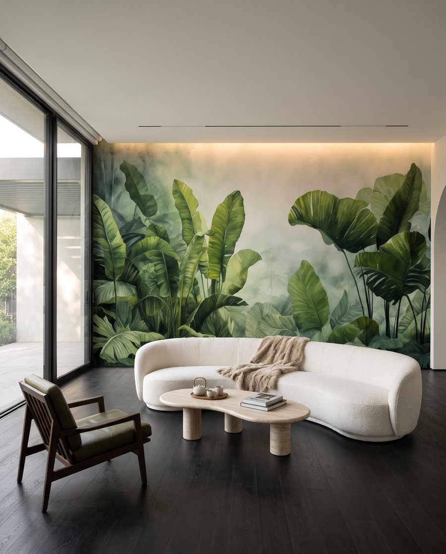 Groot blad in boslicht in een interieur