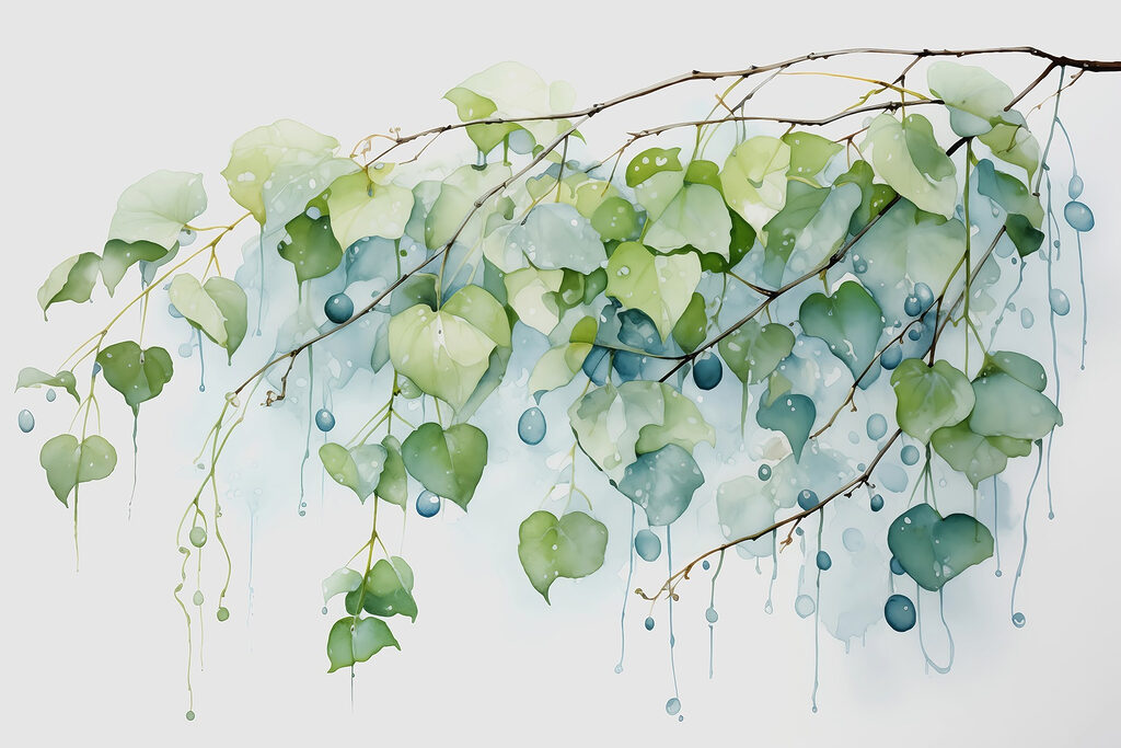 Aquarel van een tak met bladeren en blauwe bessen — volledig ontwerp