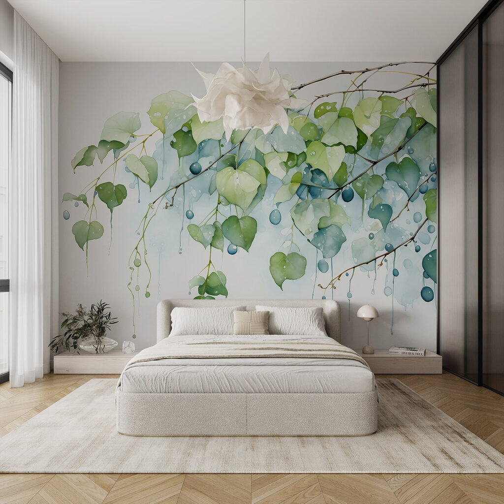 Aquarel van een tak met bladeren en blauwe bessen — interieur 1