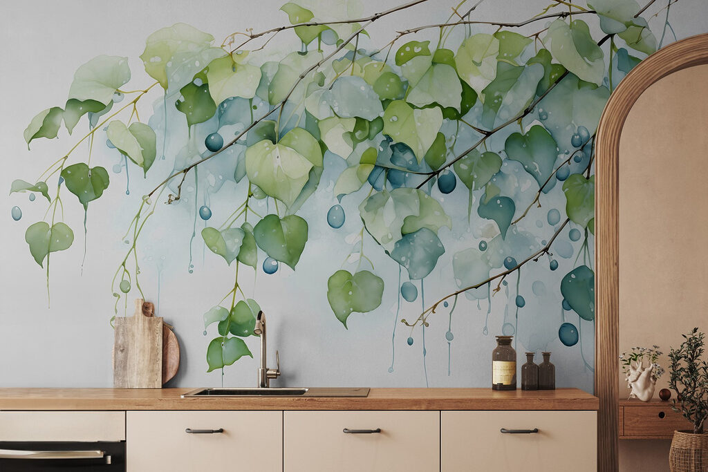 Aquarel van een tak met bladeren en blauwe bessen — interieur 2