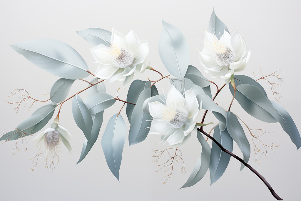 Witte bloemen, ijsblauwe bladeren — volledig ontwerp