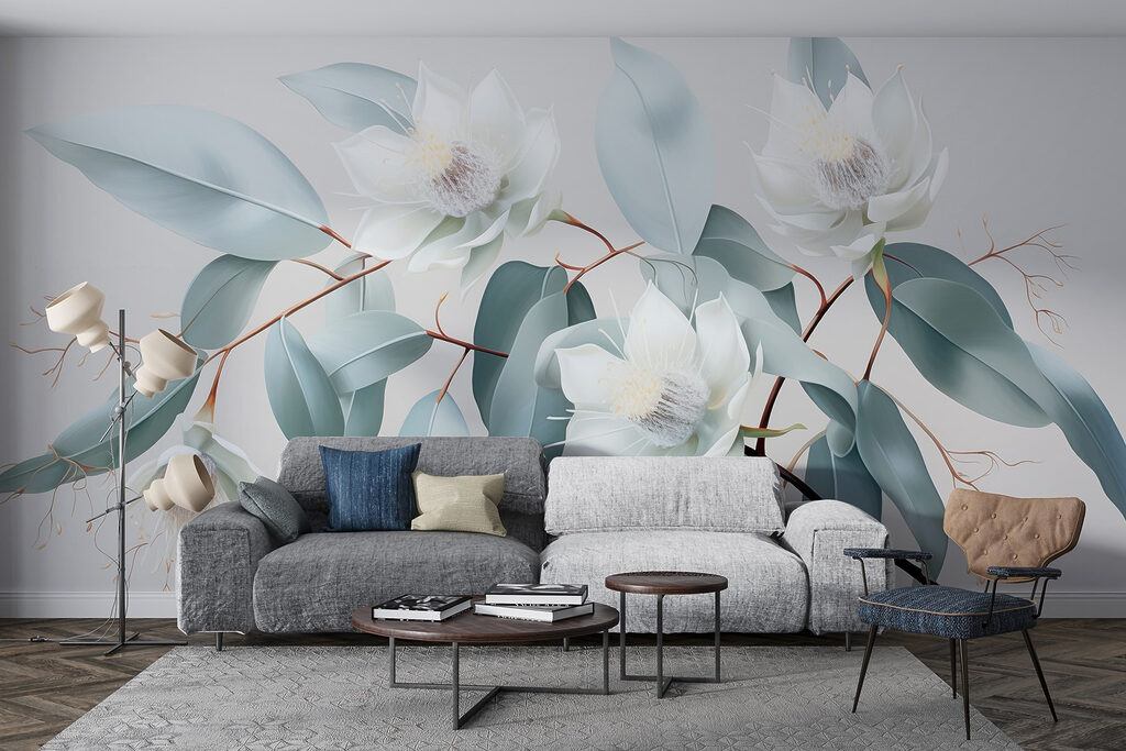 Witte bloemen, ijsblauwe bladeren — interieur 1