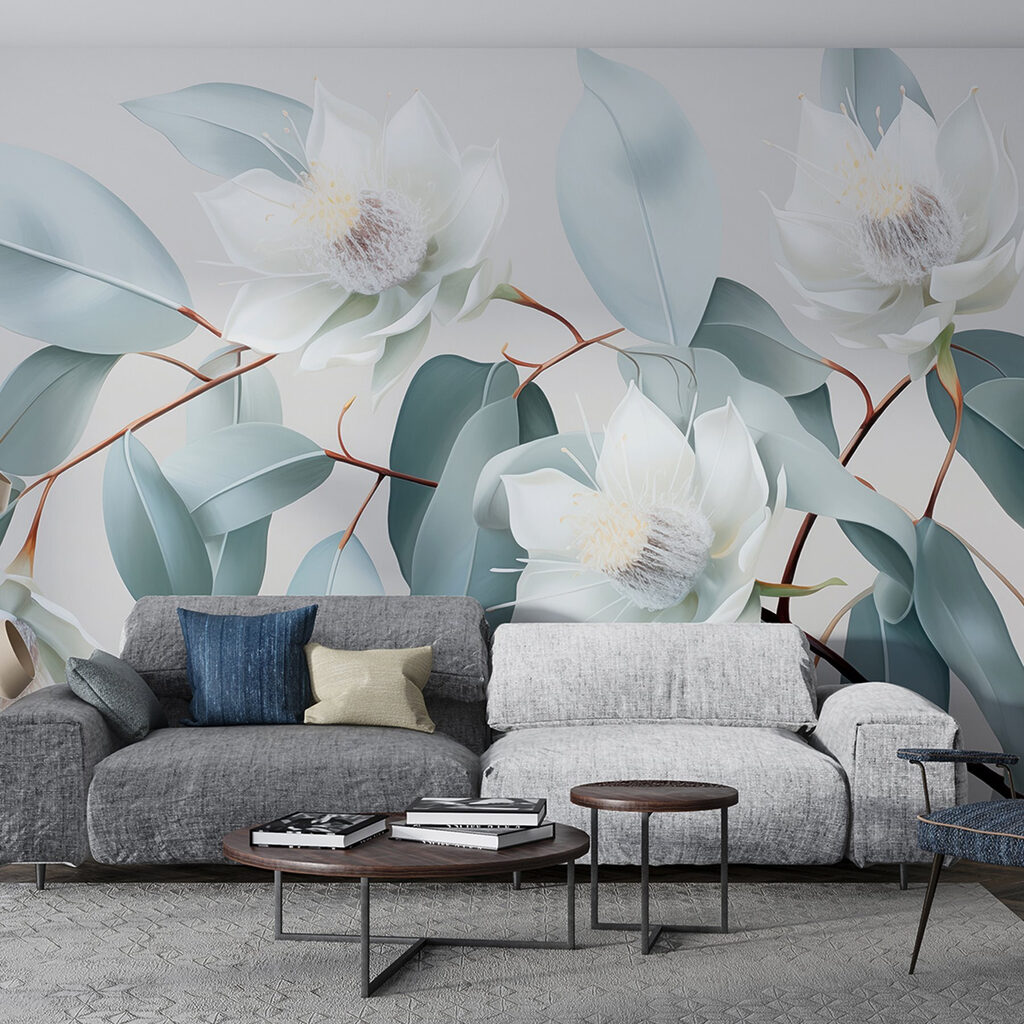 Witte bloemen, ijsblauwe bladeren — interieur 2