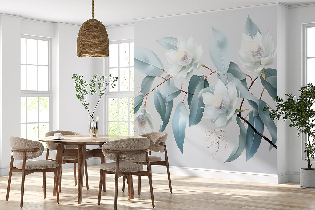 Witte bloemen, ijsblauwe bladeren — interieur 3