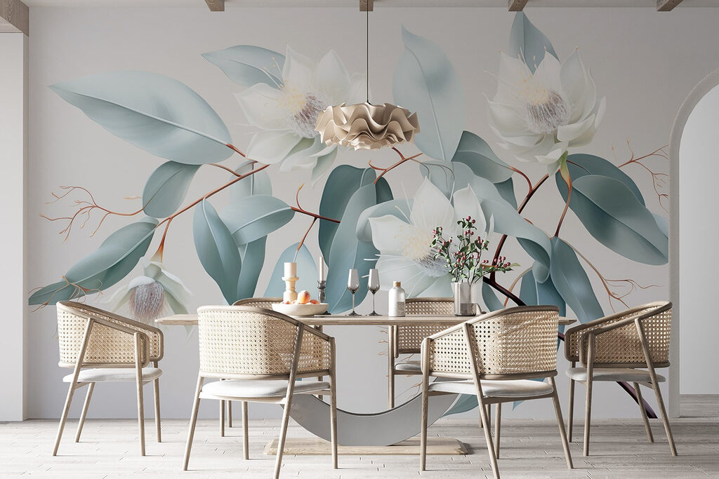 Witte bloemen, ijsblauwe bladeren — interieur 4