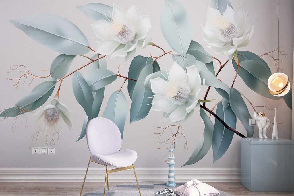 Witte bloemen, ijsblauwe bladeren — interieur 5
