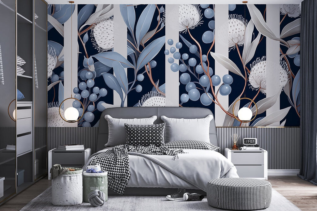 Witte bloemschermen tussen lintbanen — interieur 4