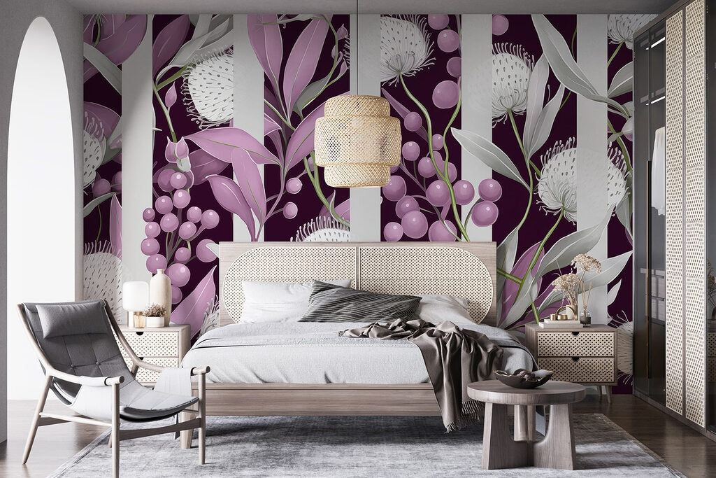 Paars en wit bloemenpatroon in een interieur