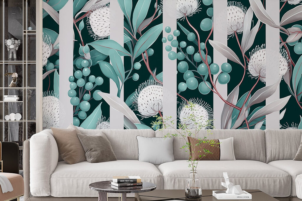 Bloemschermen tussen gestreepte stelen — interieur 2